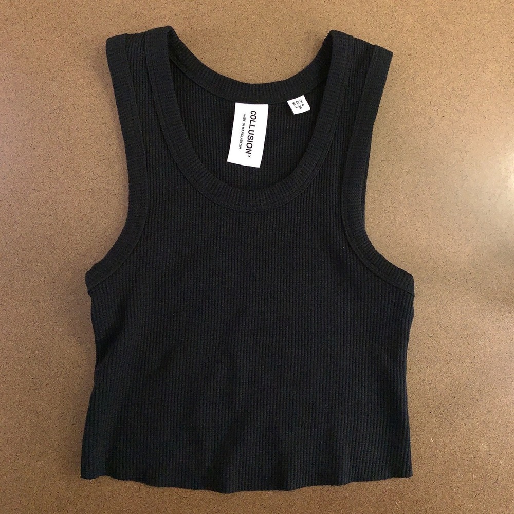 Collusion Womens 4 Black Ribbed Embroidered Logo Cozy Soft Cropped Tank Top NWOT